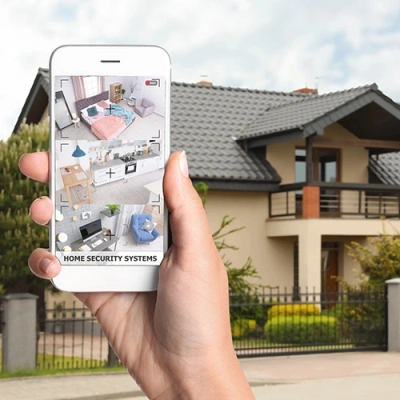 Denver vivint phone display of cctv live feed in front of a house